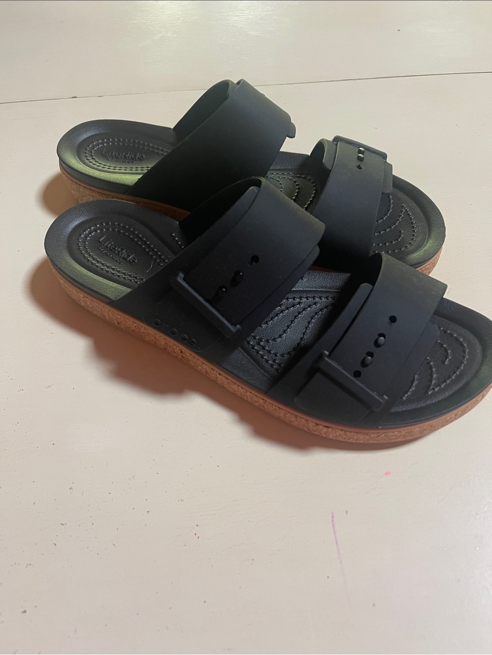 Crocs Women’s Brooklyn Buckle Black and Cork Flat Sandal